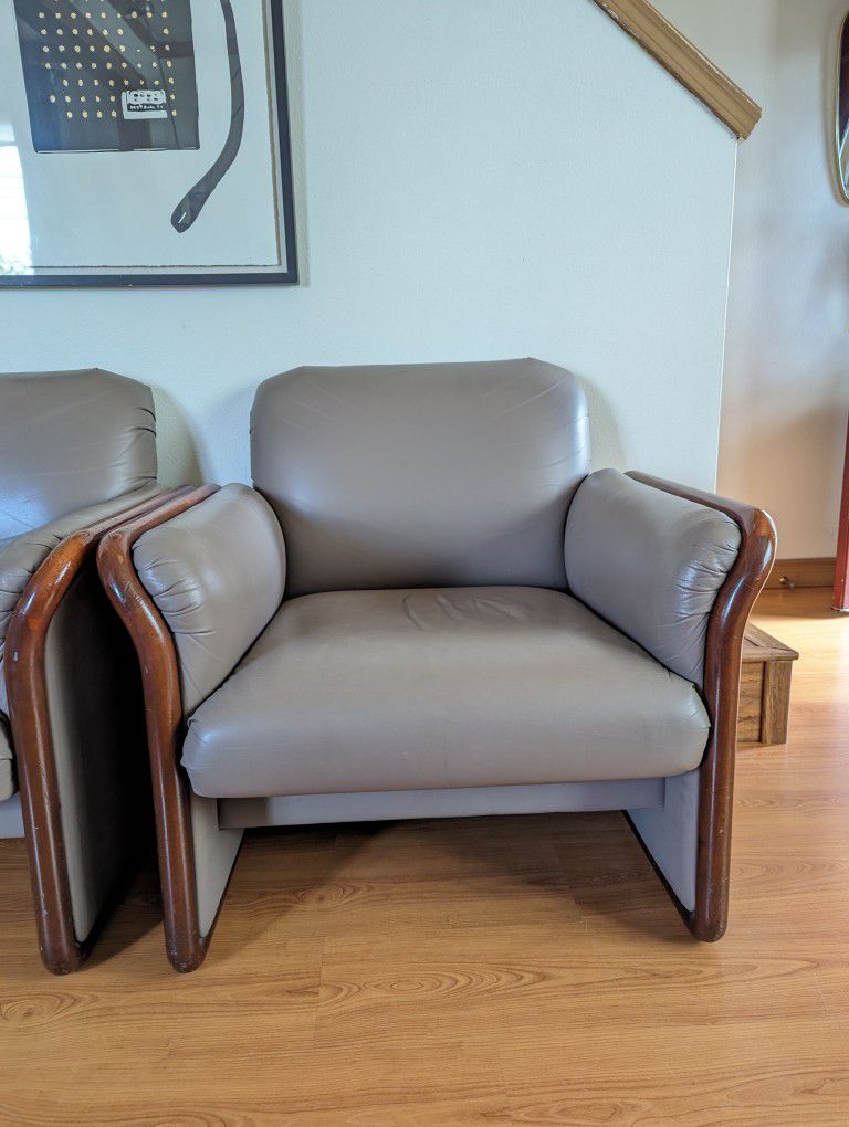 Pair Of Clay Leather & Teak Framed Postmodern Club Lounge Chairs By Kimball