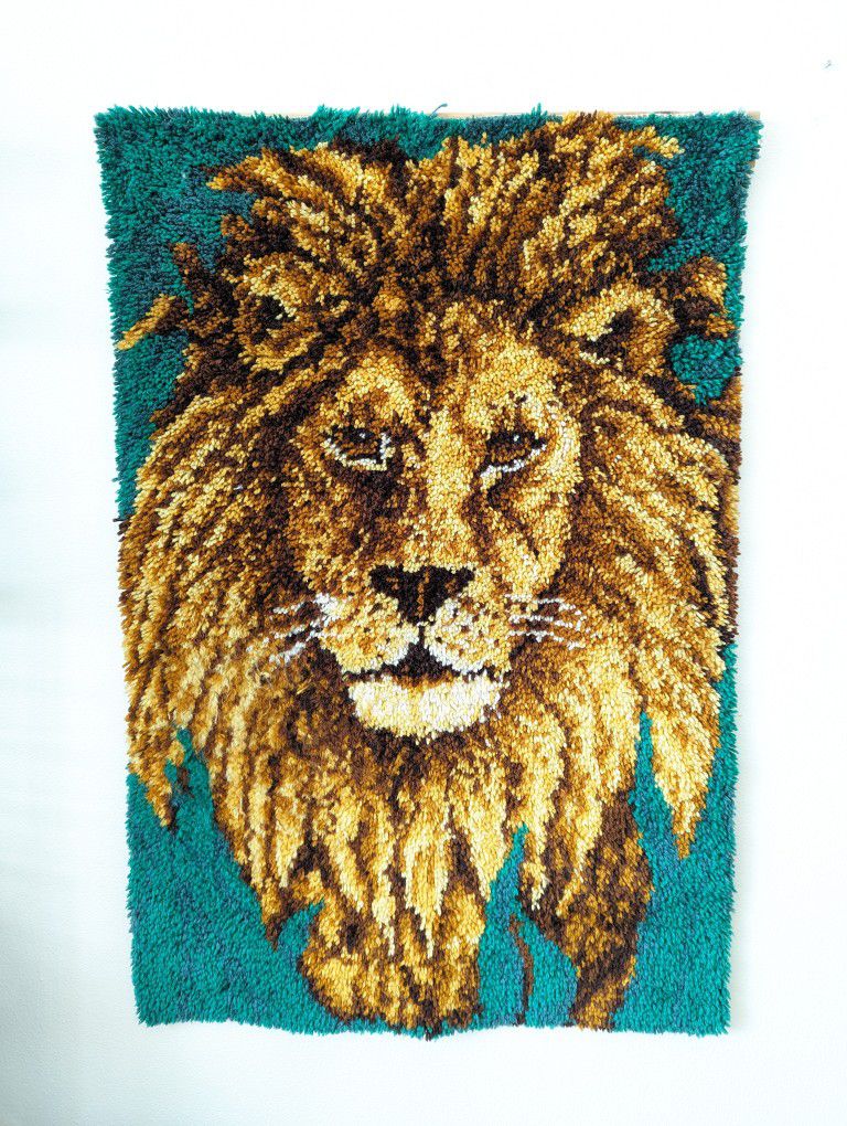1970's Mid Century Boho Latch Hook Tiger & Lion Wall Art