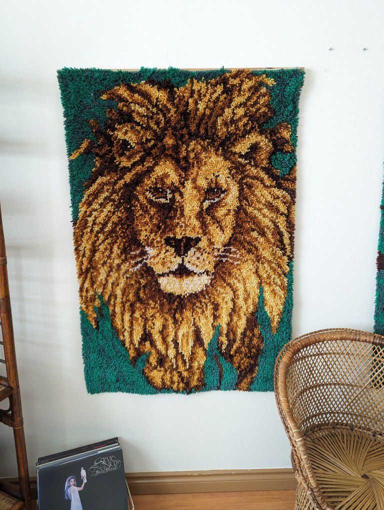 1970's Mid Century Boho Latch Hook Tiger & Lion Wall Art