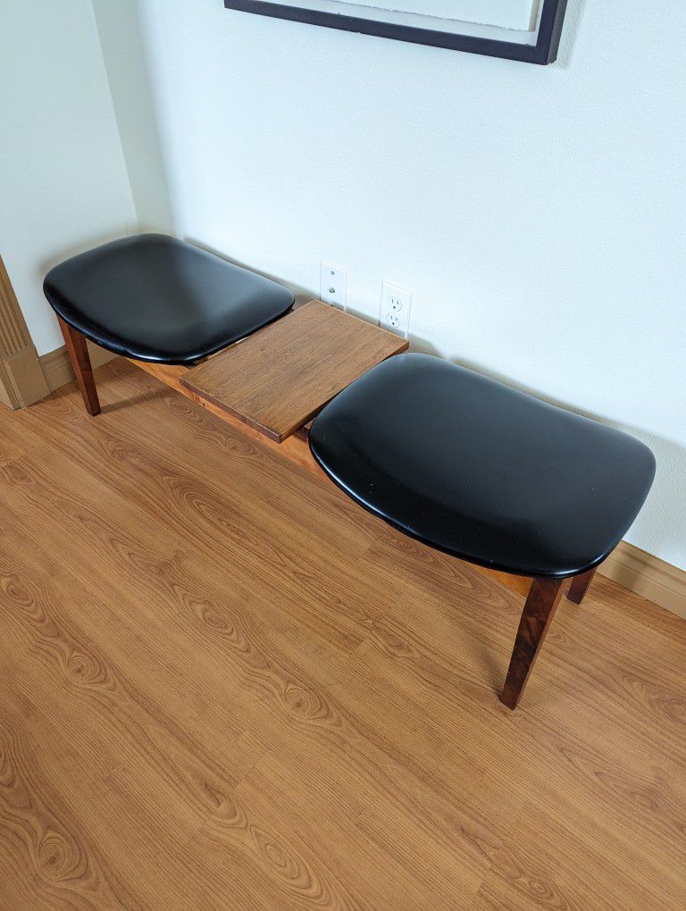 Mid Century Modern Walnut, Teak & Black Faux Leather Two Person Bench & Table