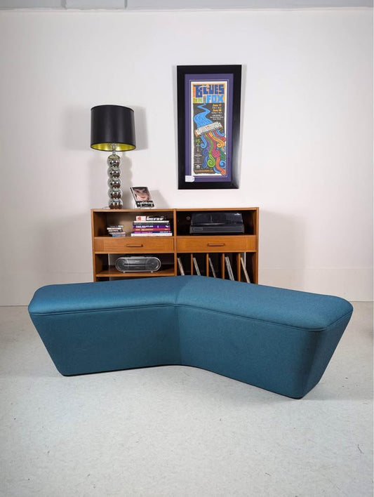 Mid Century Modern Style Teal Upholstered Boomerang Bench