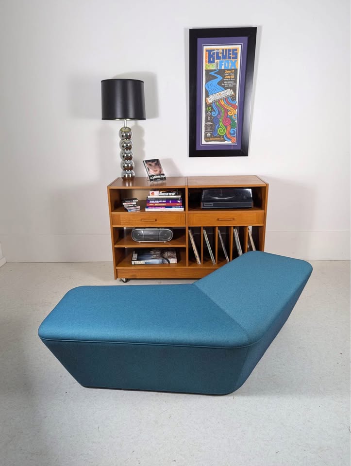 Mid Century Modern Style Teal Upholstered Boomerang Bench