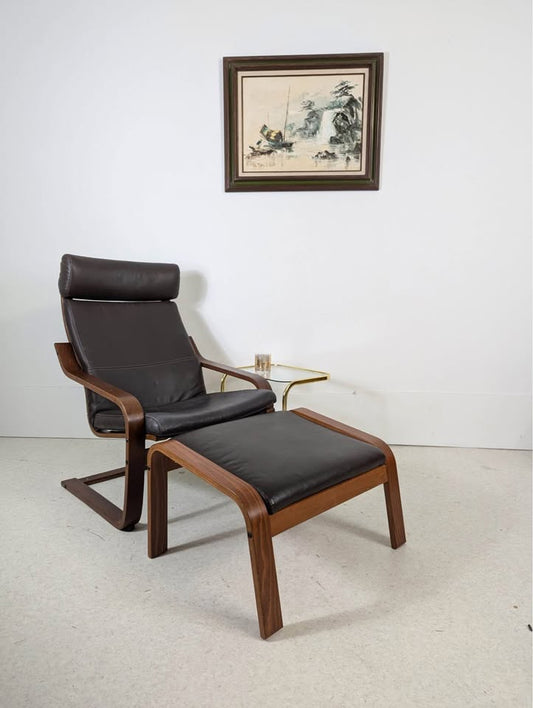 IKEA Poang Brown Leather & Teak Framed Lounge Chair & Ottoman
