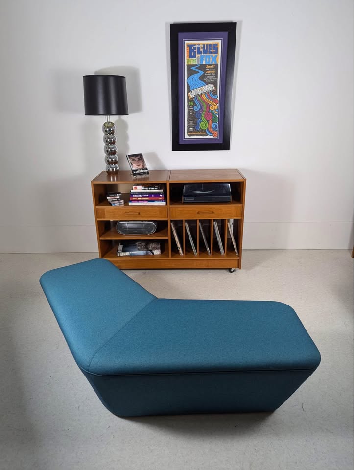 Mid Century Modern Style Teal Upholstered Boomerang Bench