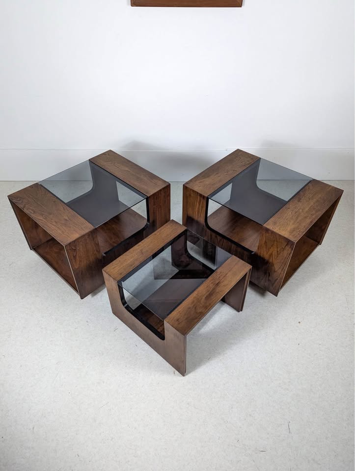 MCM Set of 3 Walnut & Smoked Glass Living Room Tables by Lane