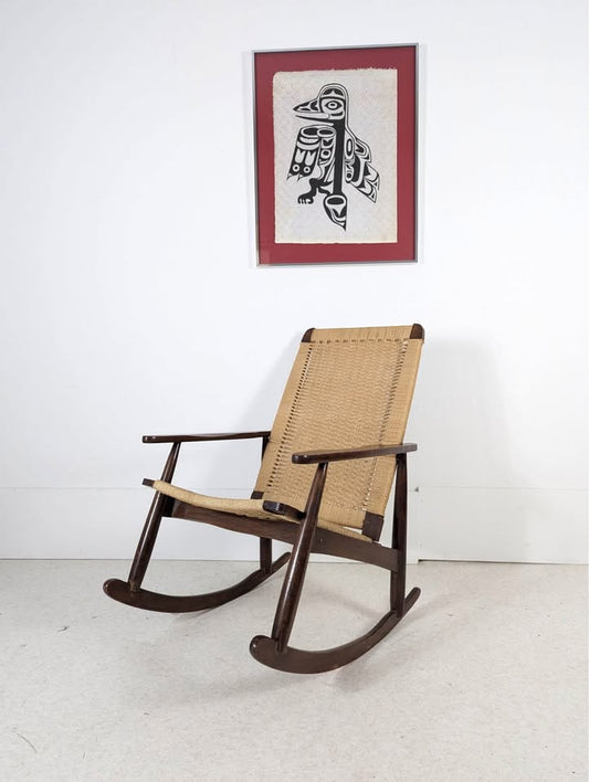 MCM Vintage Hans Wegner Style Walnut & Rope Corded Rocker