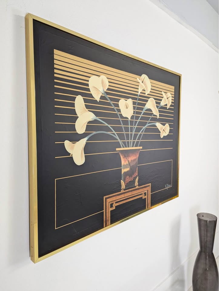 Large Postmodern Calla Lilly Artwork in Brass Frame by K. Bush