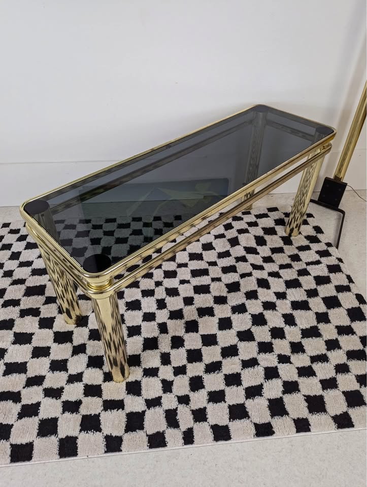 MCM Vintage Brass & Smoked Glass Console Table