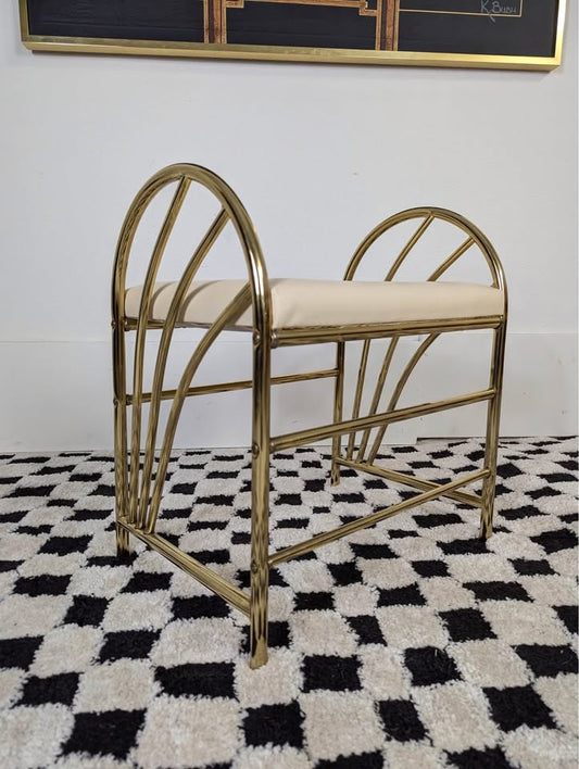 Vintage Art Deco Revival Brass & Cream Faux Leather Vanity Bench