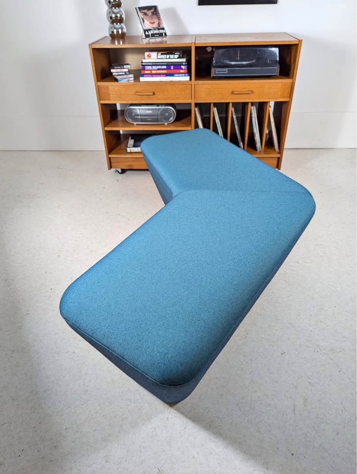 Mid Century Modern Style Teal Upholstered Boomerang Bench