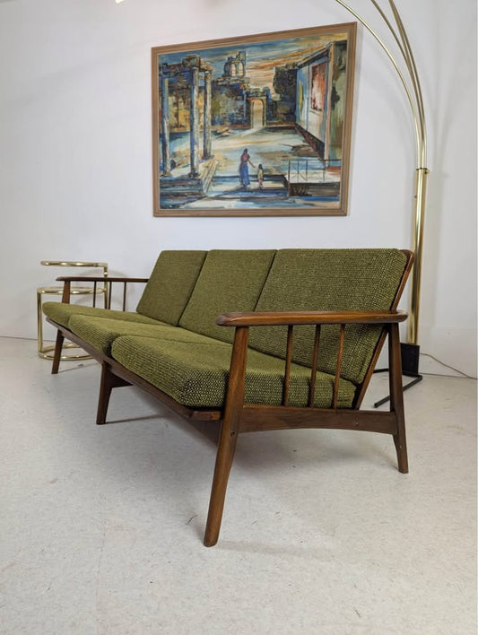 MCM Vintage Hans Wegner Style Walnut Sofa w/ Green Tweed Upholstery