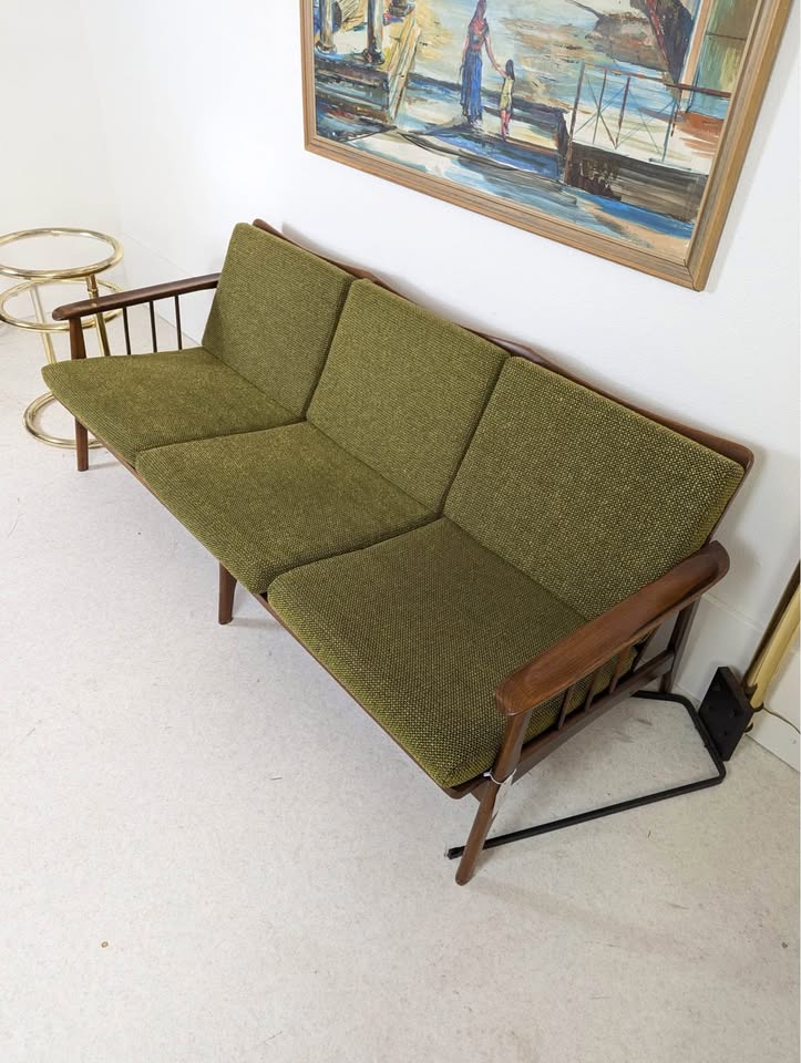 MCM Vintage Hans Wegner Style Walnut Sofa w/ Green Tweed Upholstery