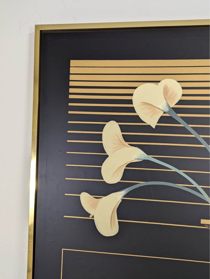 Large Postmodern Calla Lilly Artwork in Brass Frame by K. Bush