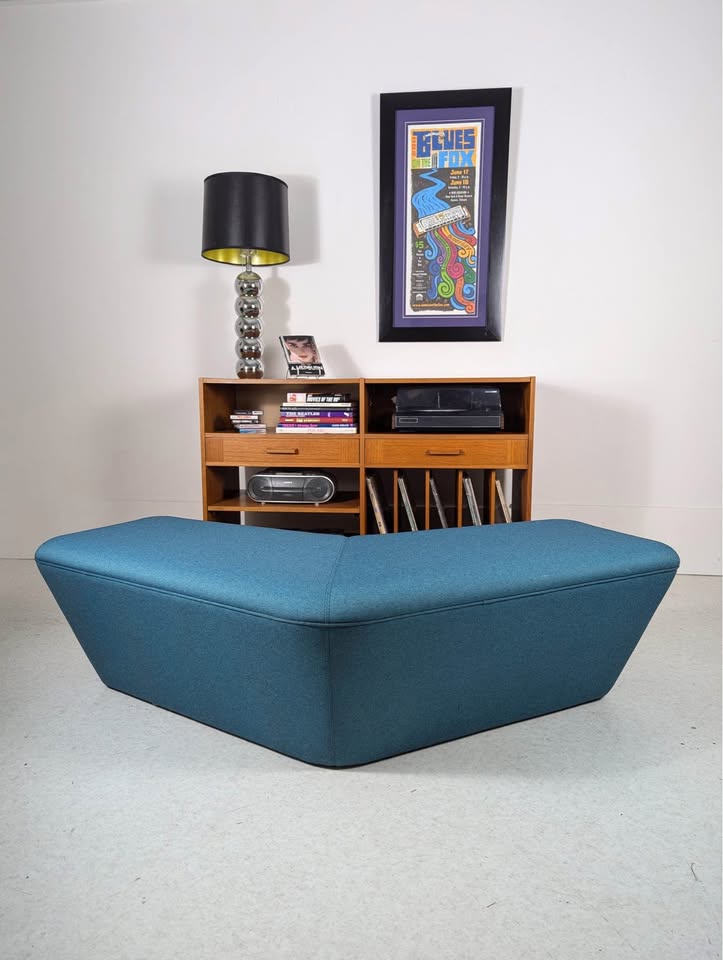 Mid Century Modern Style Teal Upholstered Boomerang Bench
