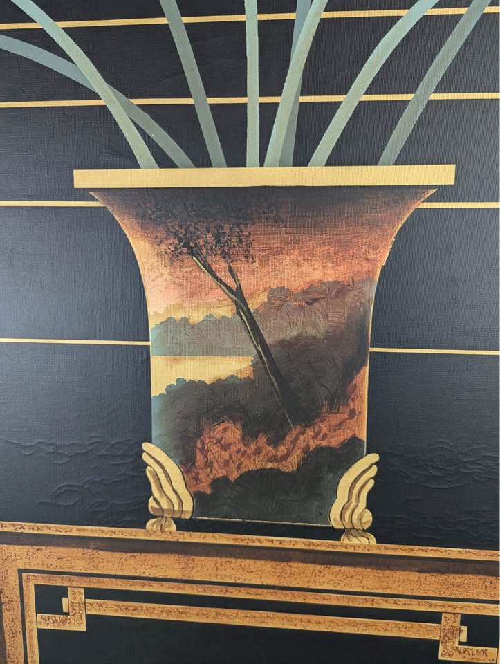 Large Postmodern Calla Lilly Artwork in Brass Frame by K. Bush