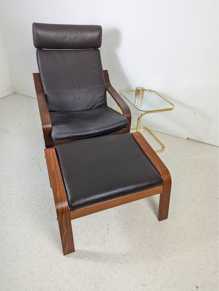IKEA Poang Brown Leather & Teak Framed Lounge Chair & Ottoman