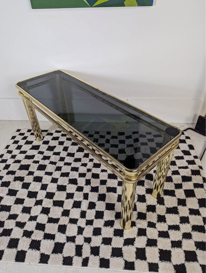 MCM Vintage Brass & Smoked Glass Console Table