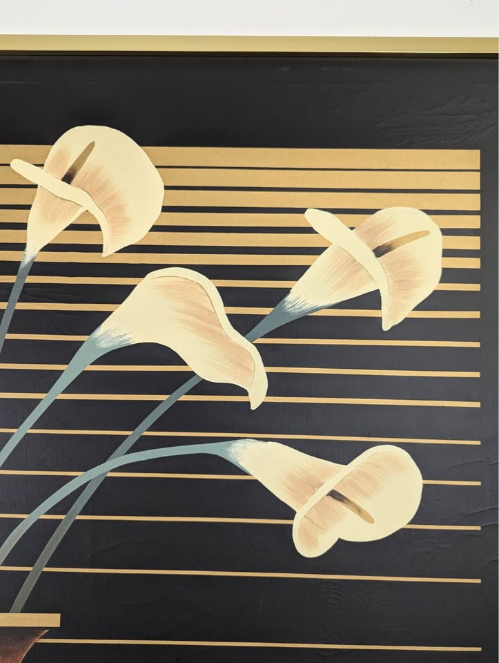 Large Postmodern Calla Lilly Artwork in Brass Frame by K. Bush
