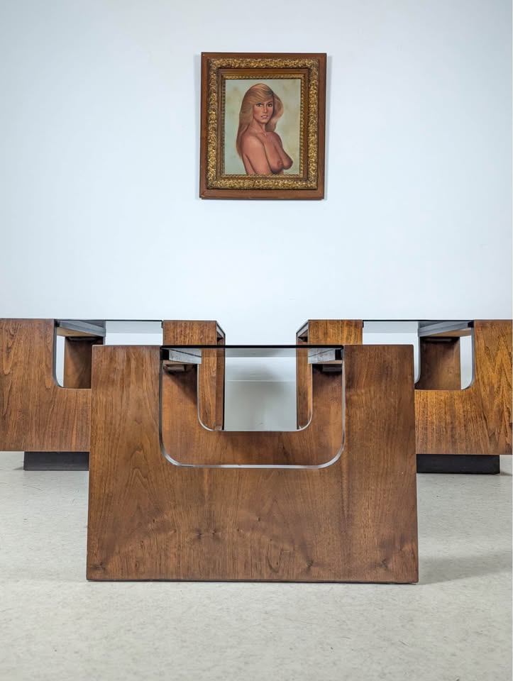 MCM Set of 3 Walnut & Smoked Glass Living Room Tables by Lane