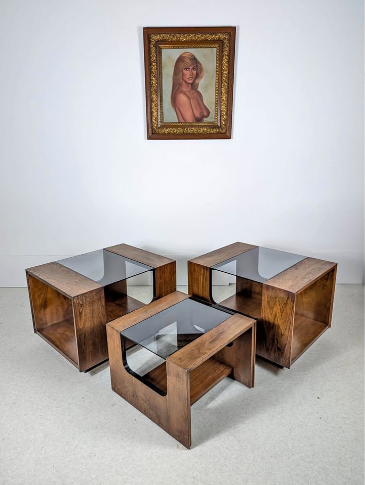 MCM Set of 3 Walnut & Smoked Glass Living Room Tables by Lane