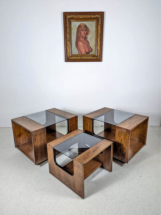 MCM Set of 3 Walnut & Smoked Glass Living Room Tables by Lane