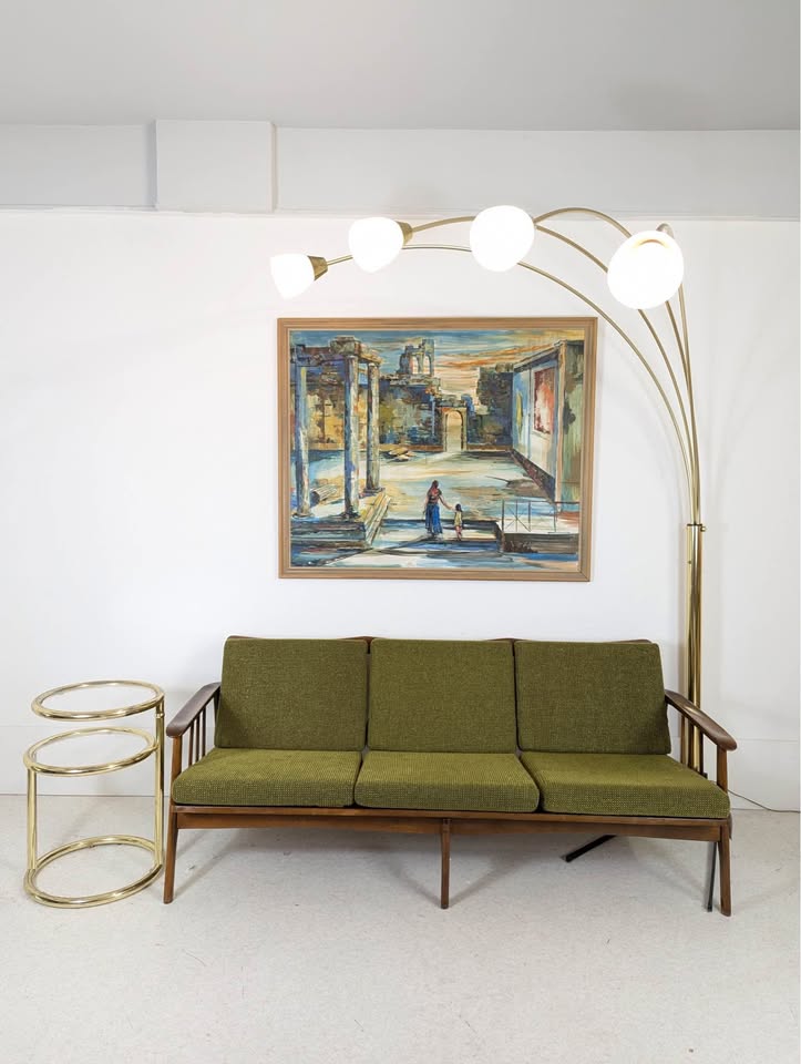 MCM Vintage Hans Wegner Style Walnut Sofa w/ Green Tweed Upholstery