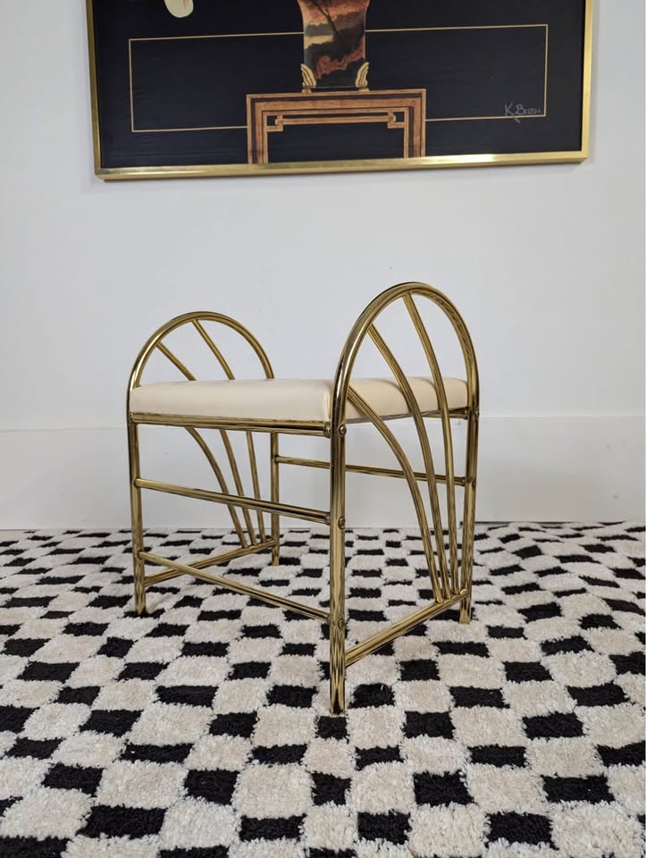 Vintage Art Deco Revival Brass & Cream Faux Leather Vanity Bench