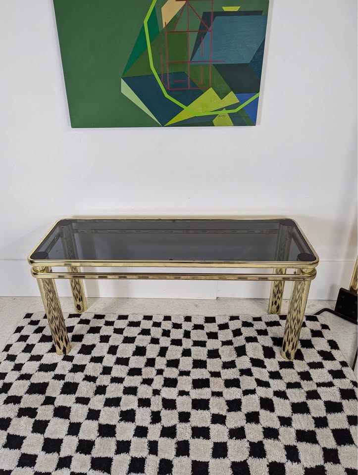 MCM Vintage Brass & Smoked Glass Console Table
