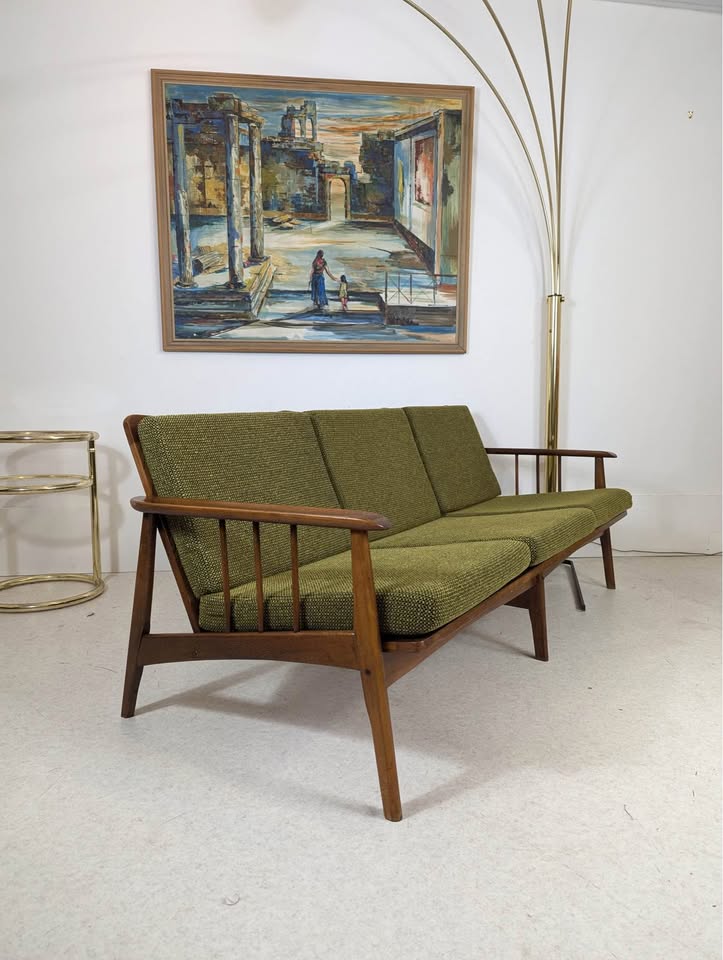 MCM Vintage Hans Wegner Style Walnut Sofa w/ Green Tweed Upholstery