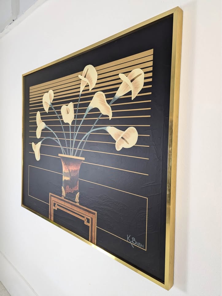 Large Postmodern Calla Lilly Artwork in Brass Frame by K. Bush