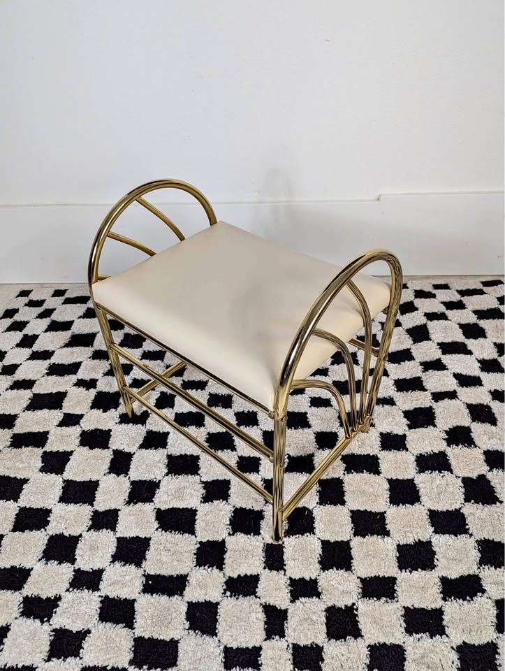 Vintage Art Deco Revival Brass & Cream Faux Leather Vanity Bench
