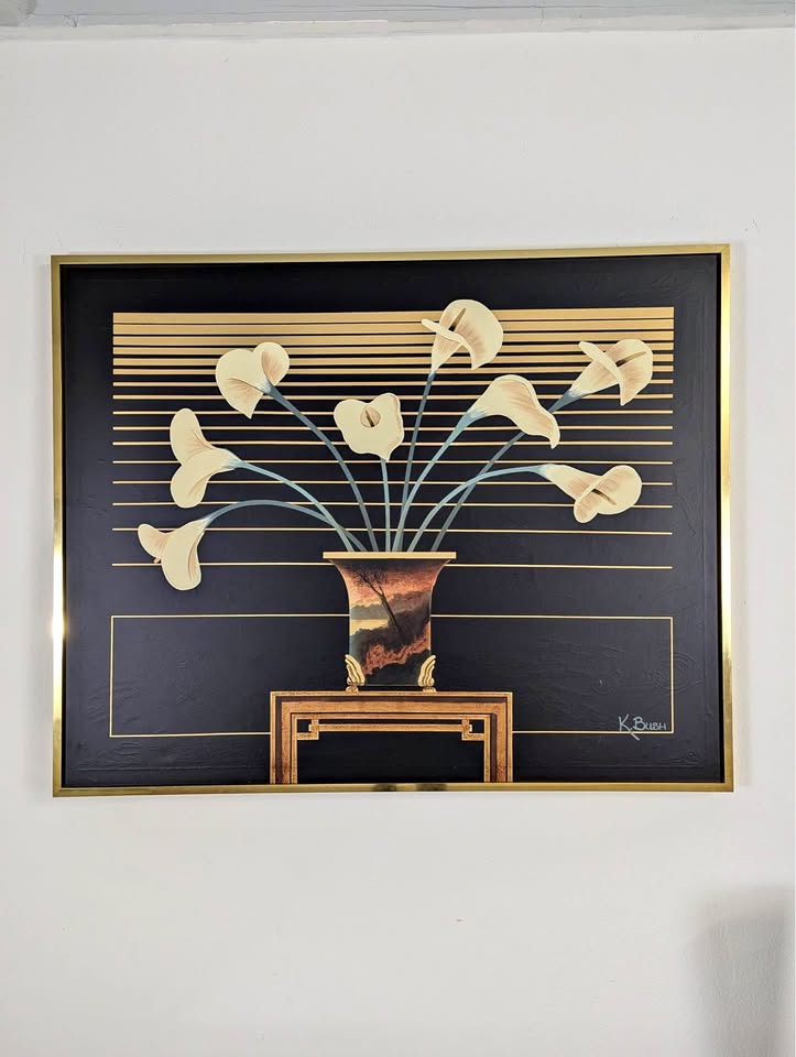 Large Postmodern Calla Lilly Artwork in Brass Frame by K. Bush