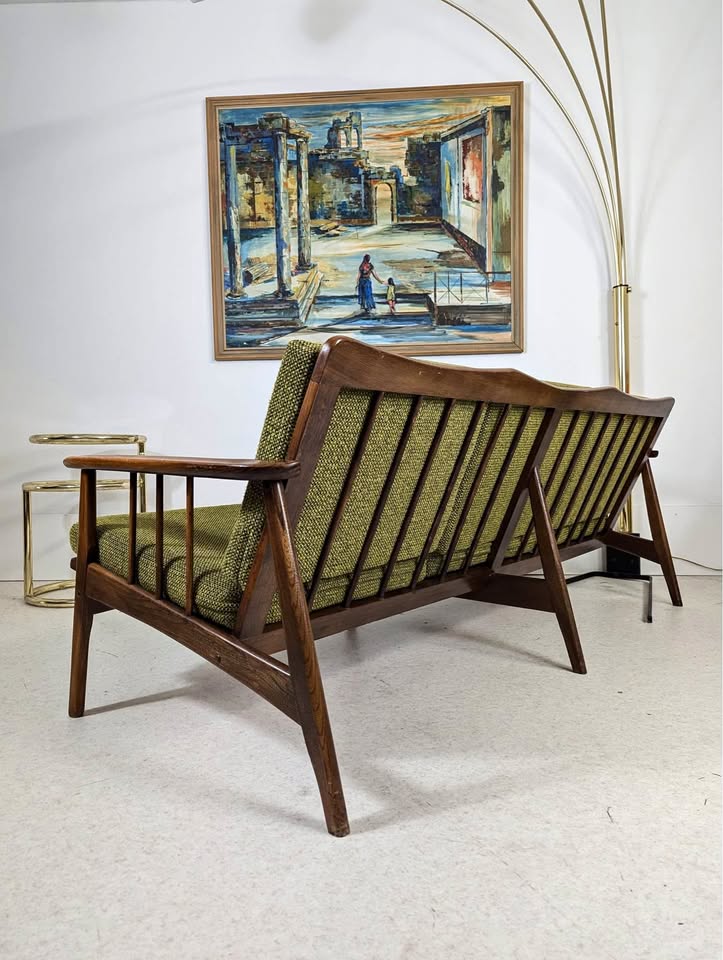 MCM Vintage Hans Wegner Style Walnut Sofa w/ Green Tweed Upholstery
