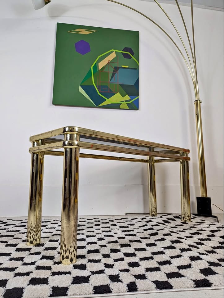 MCM Vintage Brass & Smoked Glass Console Table