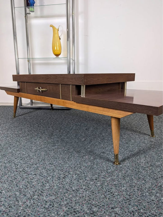 MCM Atomic 3 Tiered Laminate, Wood & Brass Coffee Table