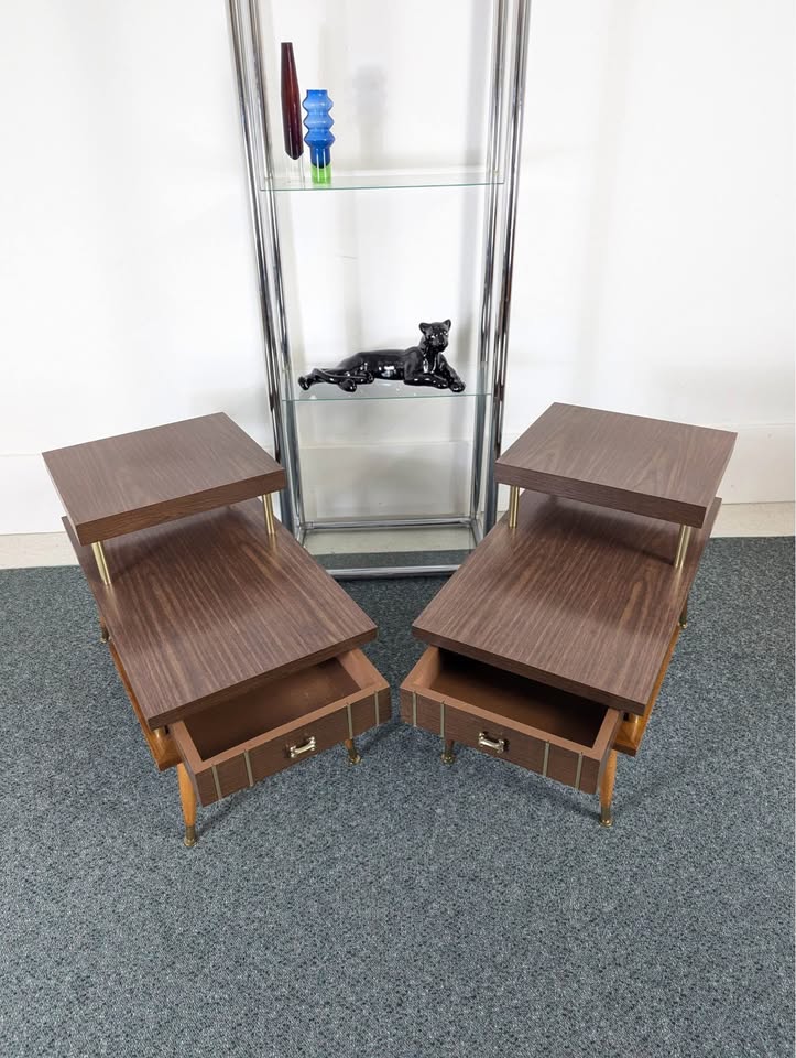 Pair of 2 Tiered MCM Atomic Laminate, Wood & Brass End Tables