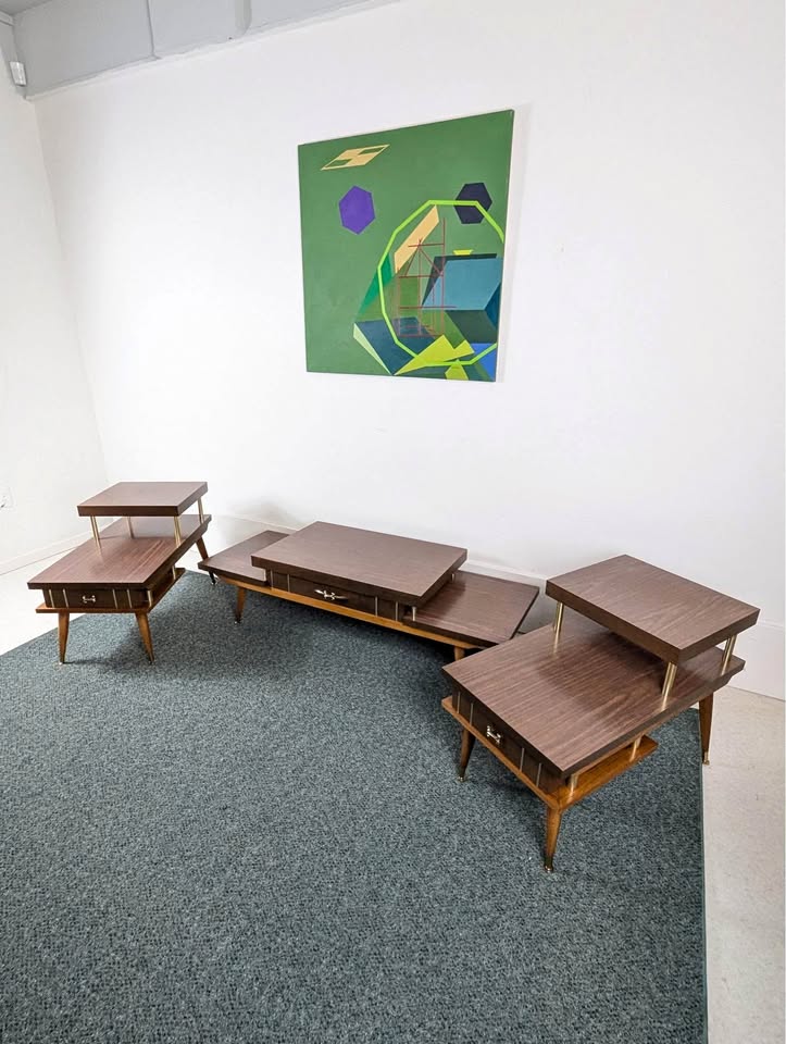 MCM Atomic 3 Tiered Laminate, Wood & Brass Coffee Table