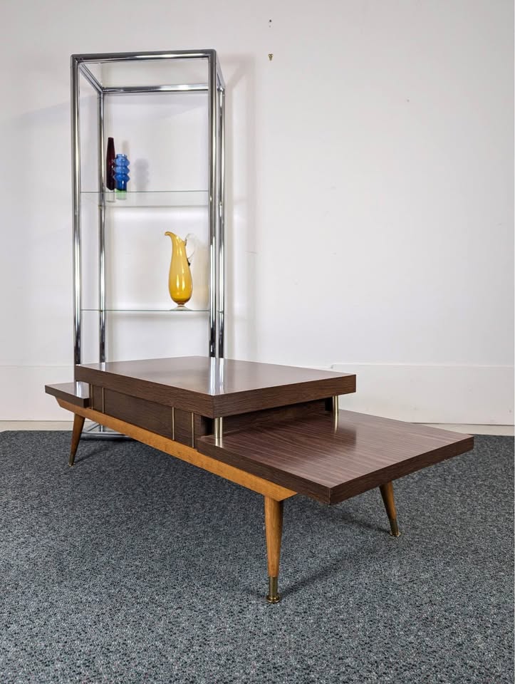 MCM Atomic 3 Tiered Laminate, Wood & Brass Coffee Table