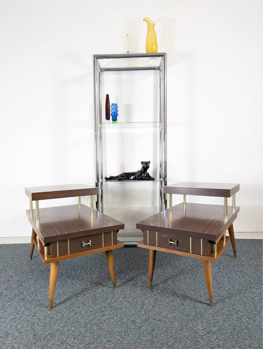 Pair of 2 Tiered MCM Atomic Laminate, Wood & Brass End Tables
