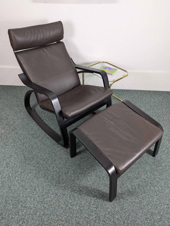 IKEA Poang Brown Leather Rocker Chair w/ Ottoman