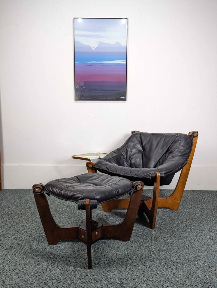 Black Leather Lounge Chair & Ottoman by Odd Knutsen for IMG