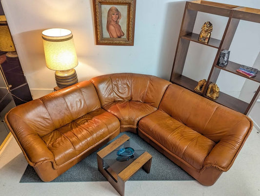 Scandinavian Cognac Leather Modular Corner Sectional Couch