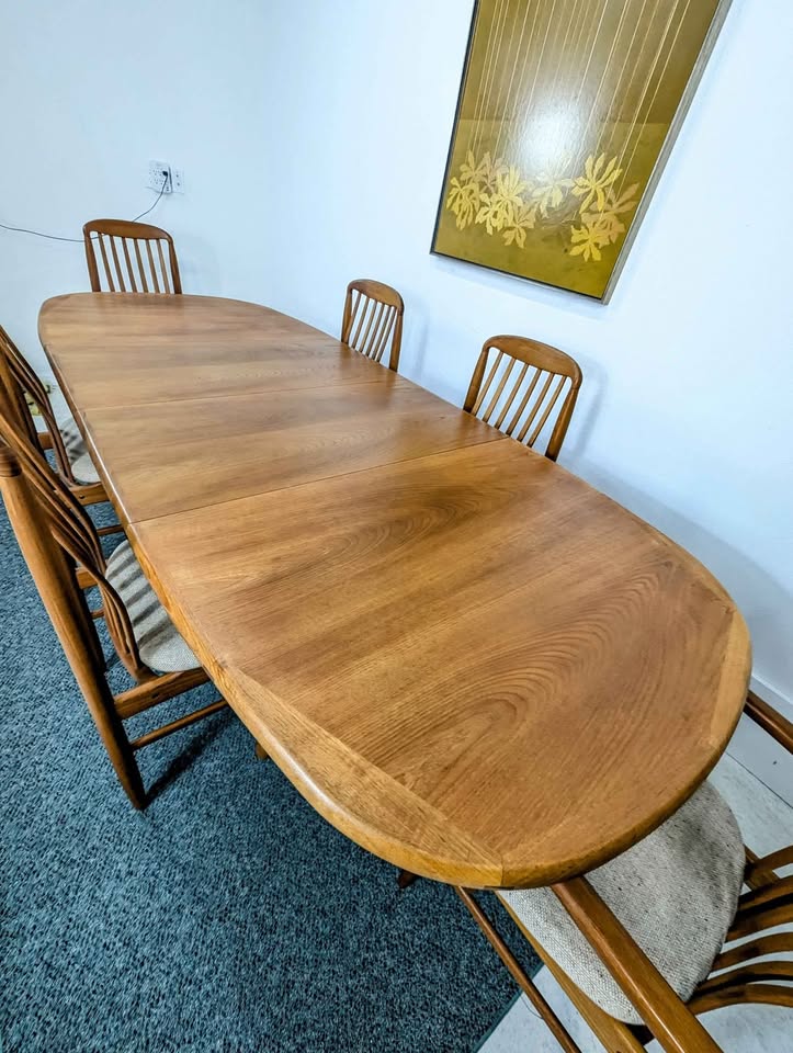 Danish Modern Solid Teak Dining Table Set w/ 6 Chairs by Benny Linden