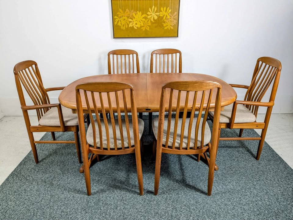 Danish Modern Solid Teak Dining Table Set w/ 6 Chairs by Benny Linden