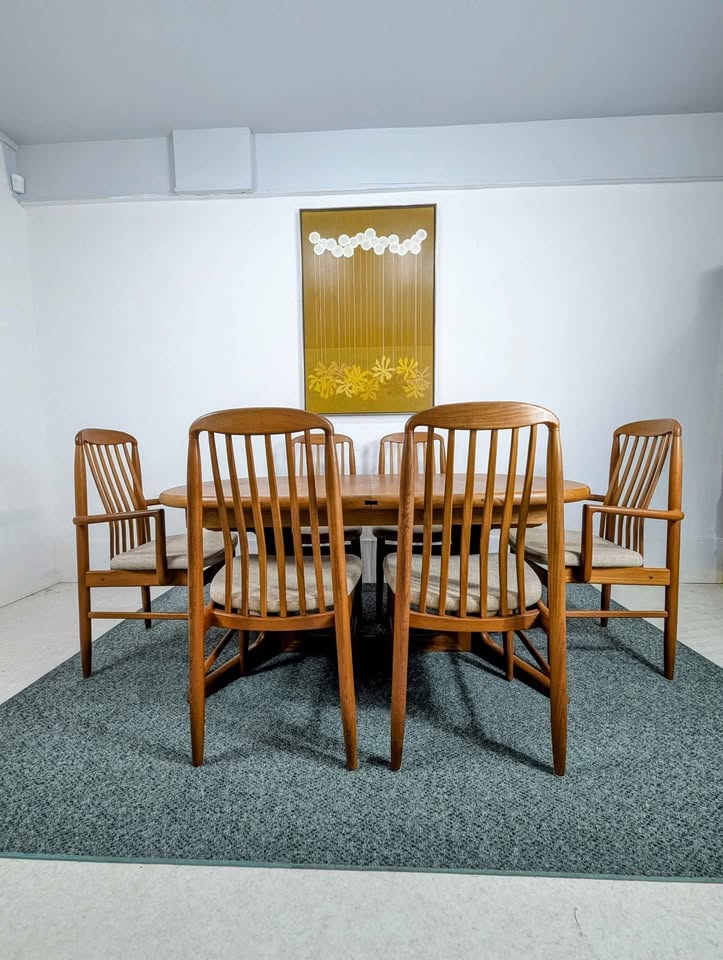 Danish Modern Solid Teak Dining Table Set w/ 6 Chairs by Benny Linden