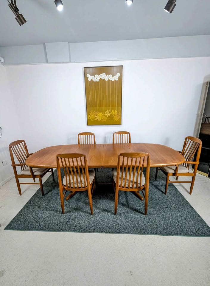 Danish Modern Solid Teak Dining Table Set w/ 6 Chairs by Benny Linden
