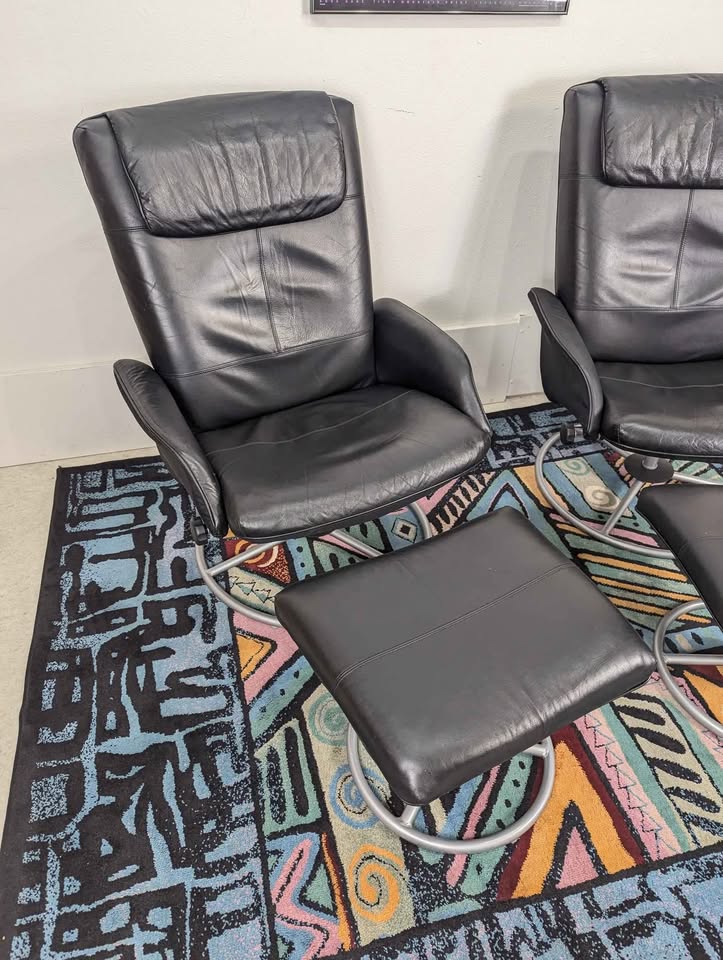 Pair of Vintage IKEA Malung Black Leather Lounge Chair Recliners in Style of Ekornes