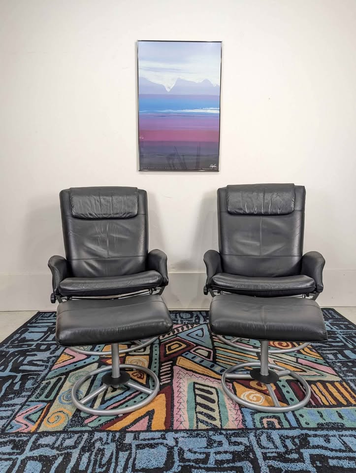 Pair of Vintage IKEA Malung Black Leather Lounge Chair Recliners in Style of Ekornes