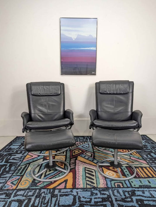 Pair of Vintage IKEA Malung Black Leather Lounge Chair Recliners in Style of Ekornes