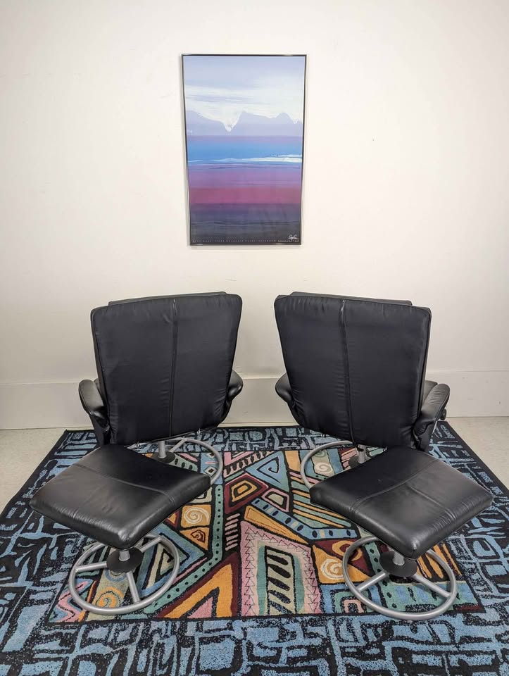 Pair of Vintage IKEA Malung Black Leather Lounge Chair Recliners in Style of Ekornes